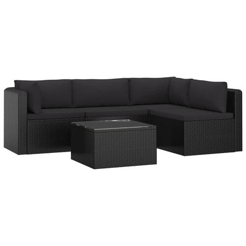 Haveloungesæt 5 dele med hynder polyrattan sort