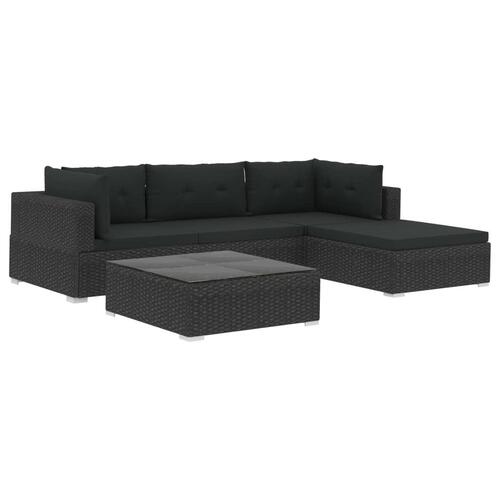 Haveloungesæt 5 dele med hynder polyrattan sort