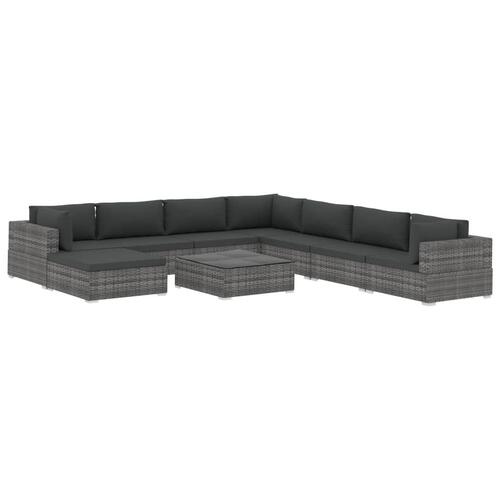 Haveloungesæt 9 dele med hynder polyrattan grå