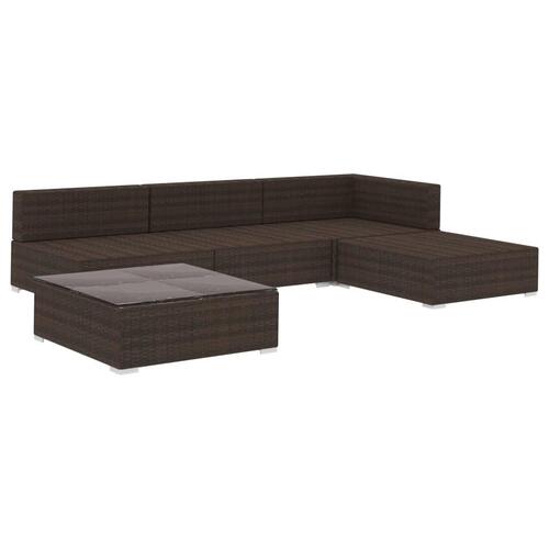 Haveloungesæt 5 dele med hynder polyrattan brun