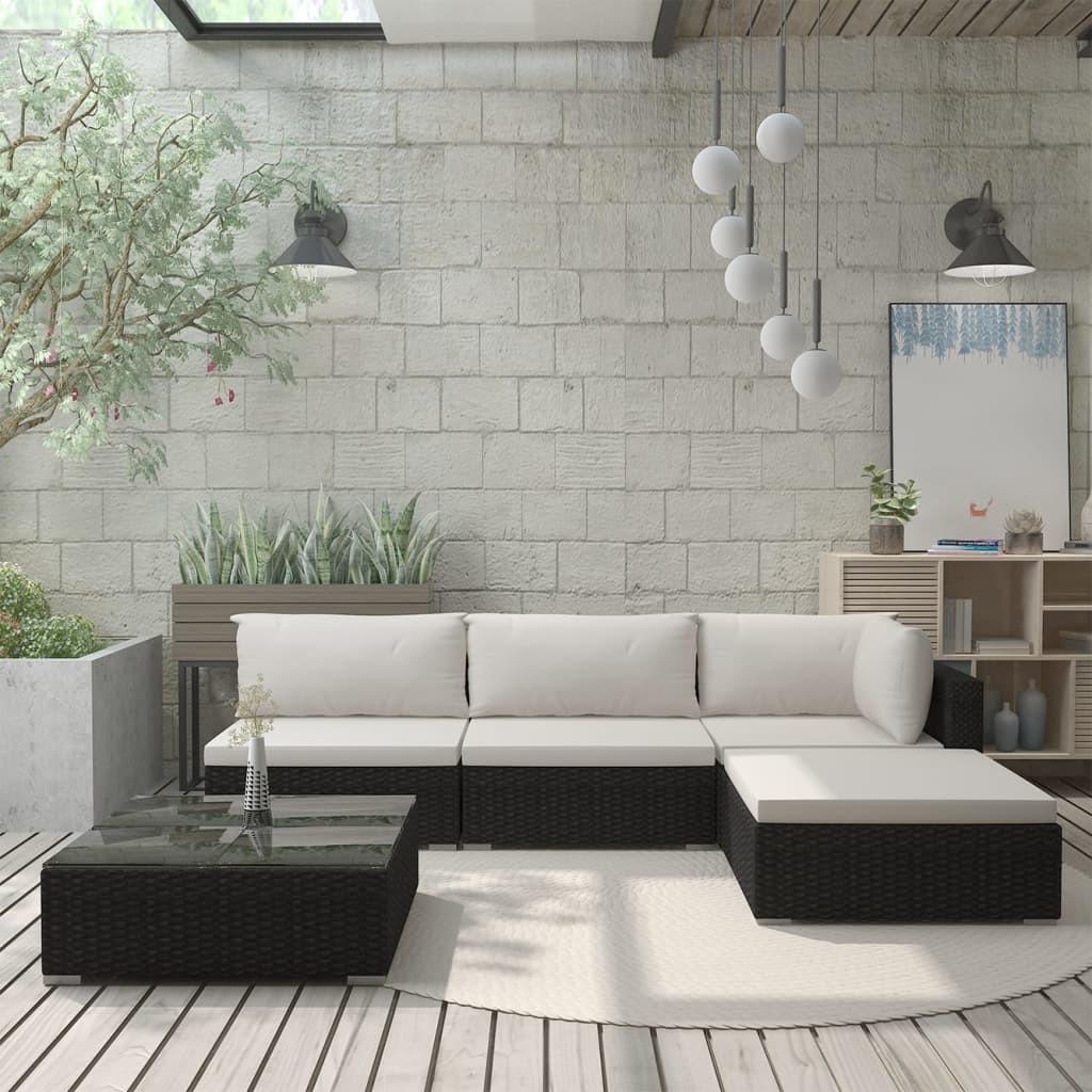 Haveloungesæt 5 dele med hynder polyrattan sort