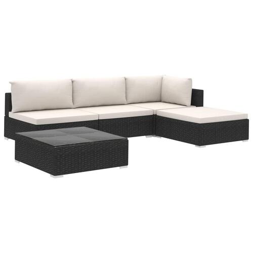 Haveloungesæt 5 dele med hynder polyrattan sort