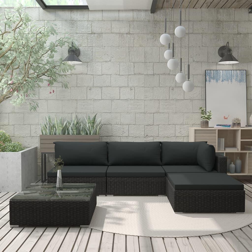 Haveloungesæt 5 dele med hynder polyrattan sort