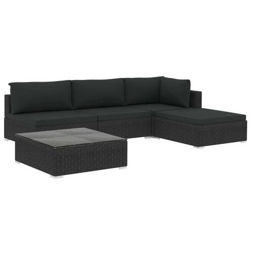 Haveloungesæt 5 dele med hynder polyrattan sort