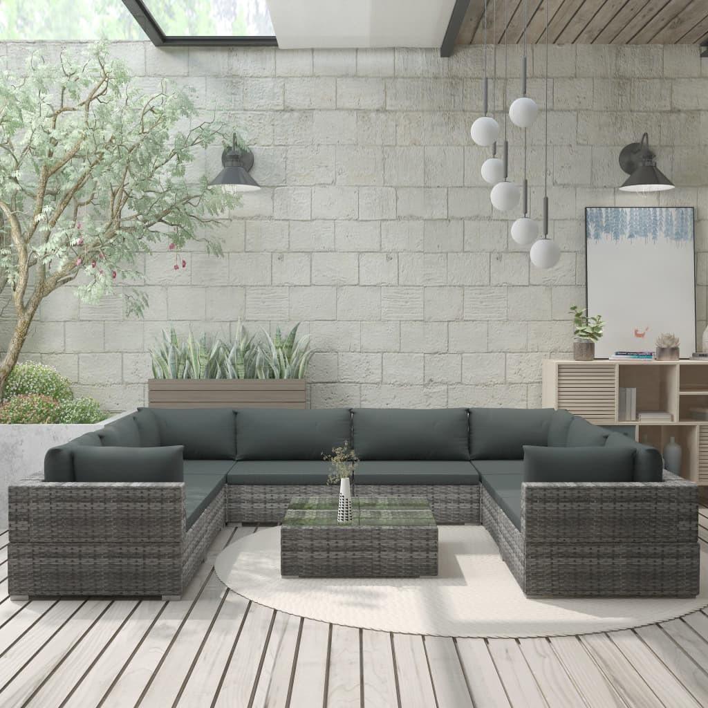 Haveloungesæt 9 dele med hynder polyrattan grå