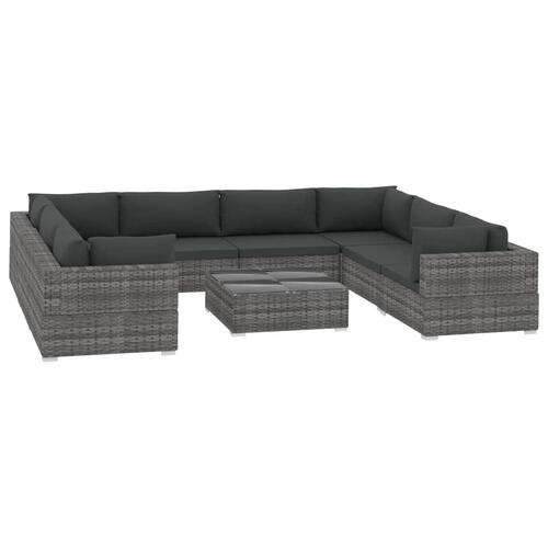 Haveloungesæt 9 dele med hynder polyrattan grå