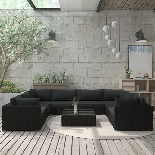 Haveloungesæt 9 dele med hynder polyrattan sort