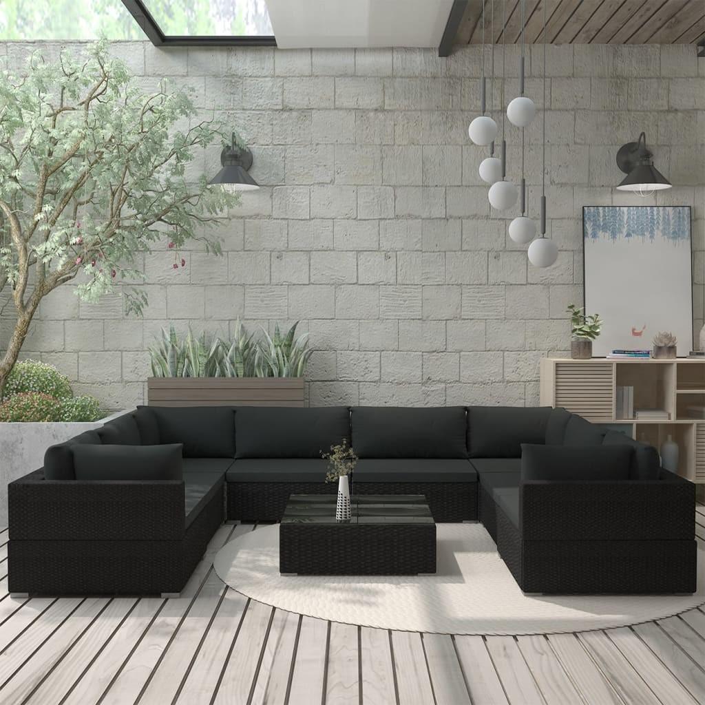 Haveloungesæt 9 dele med hynder polyrattan sort
