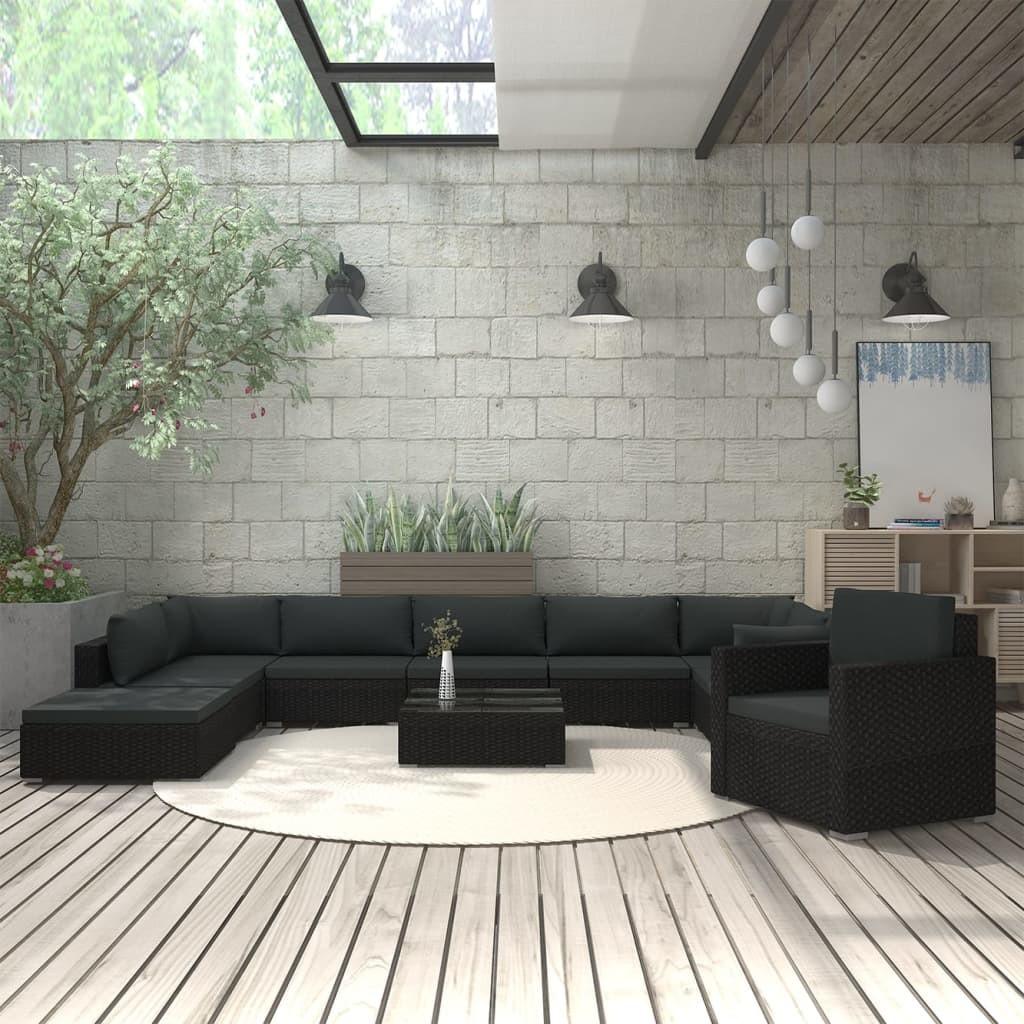 Haveloungesæt 11 dele med hynder polyrattan sort