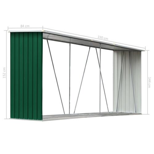 Brændeskur til haven 330x84x152 cm galvaniseret stål grøn