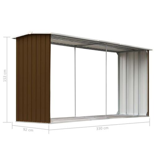 Brændeskur til haven 330 x 92 x 153 cm galvaniseret stål brun