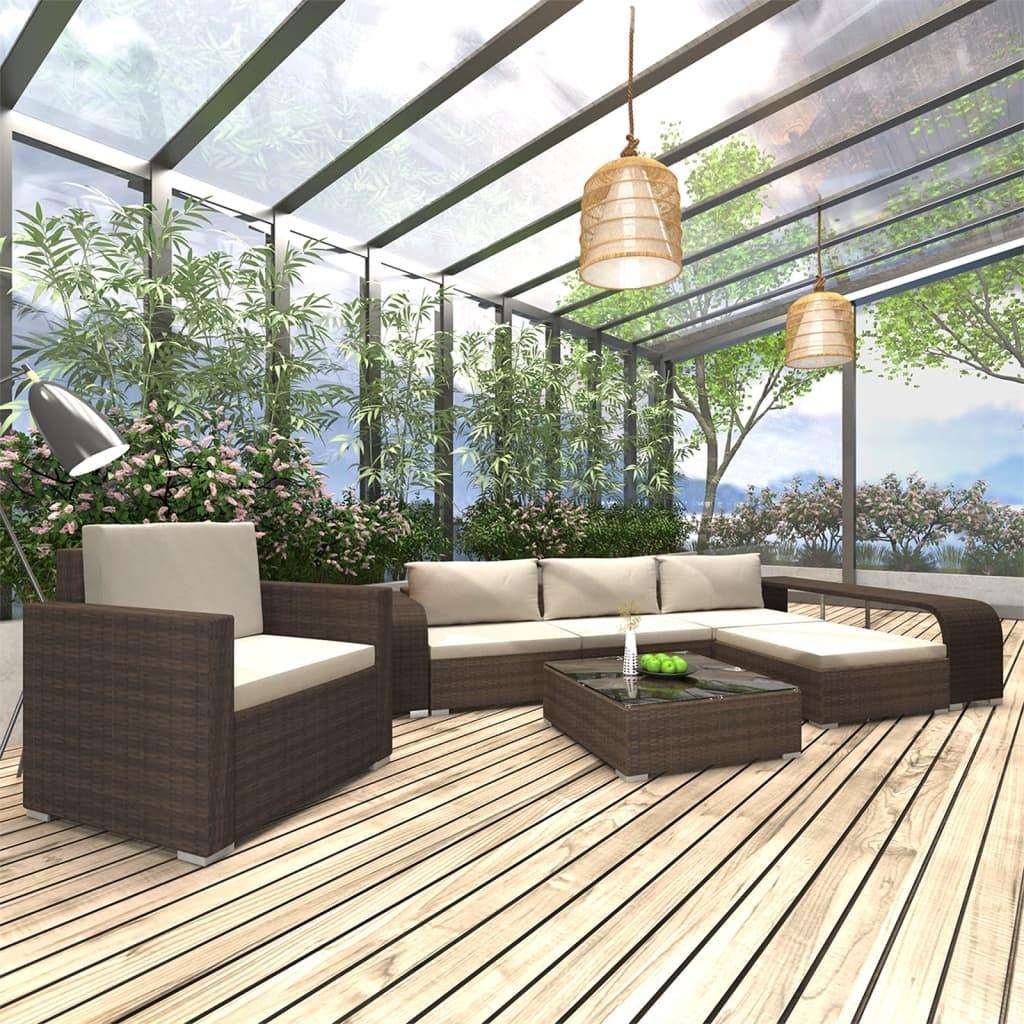 Haveloungesæt 8 dele med hynder polyrattan brun