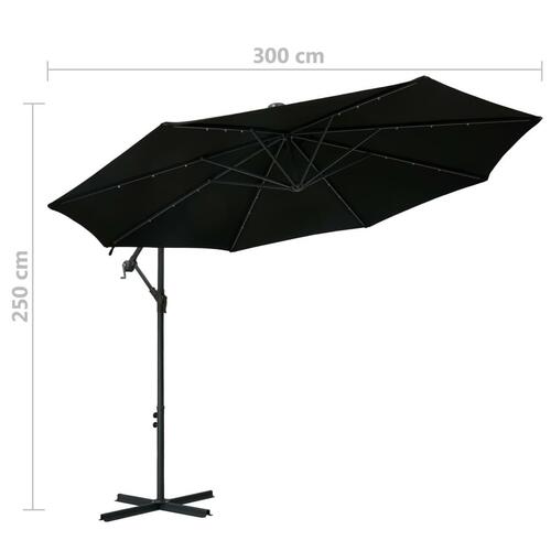 Hængeparasol med LED-lys og stålstang 300 cm sort