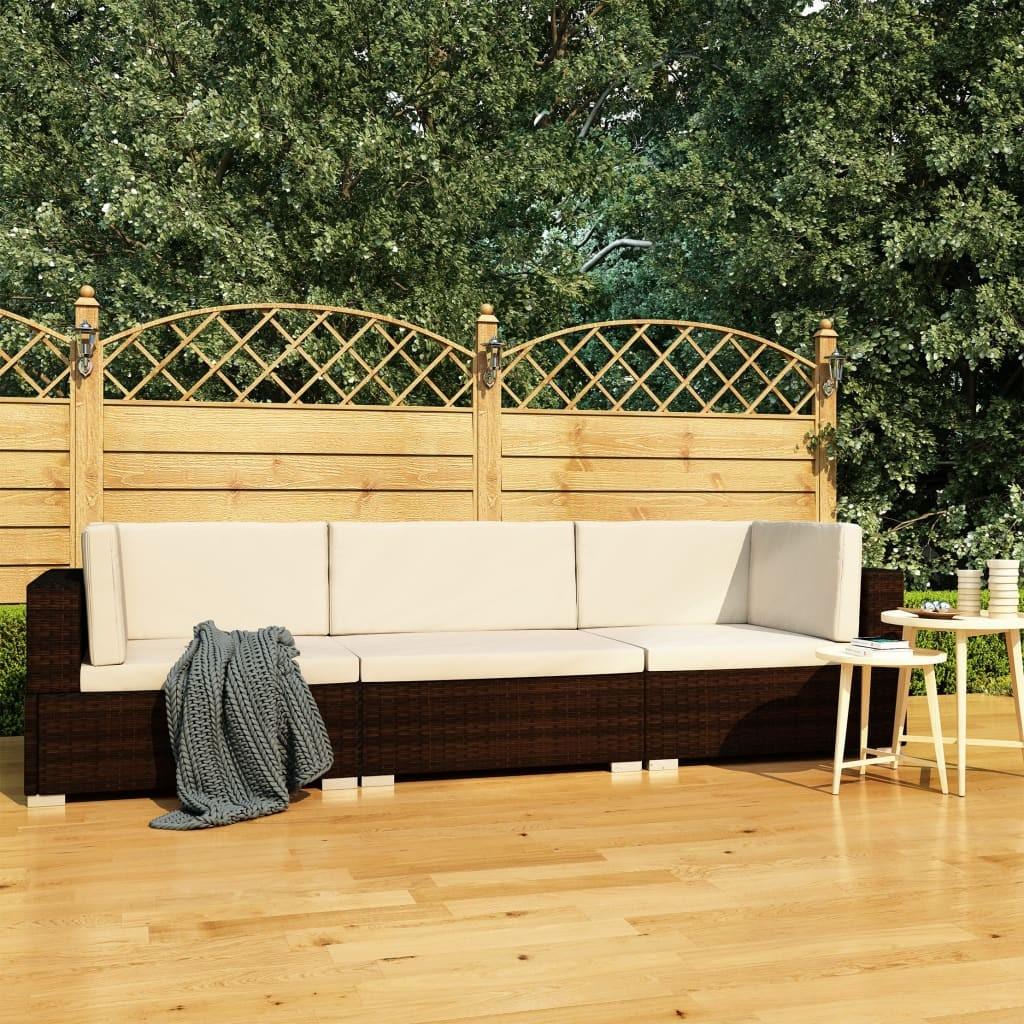 Havesofasæt 3 dele med hynder polyrattan brun