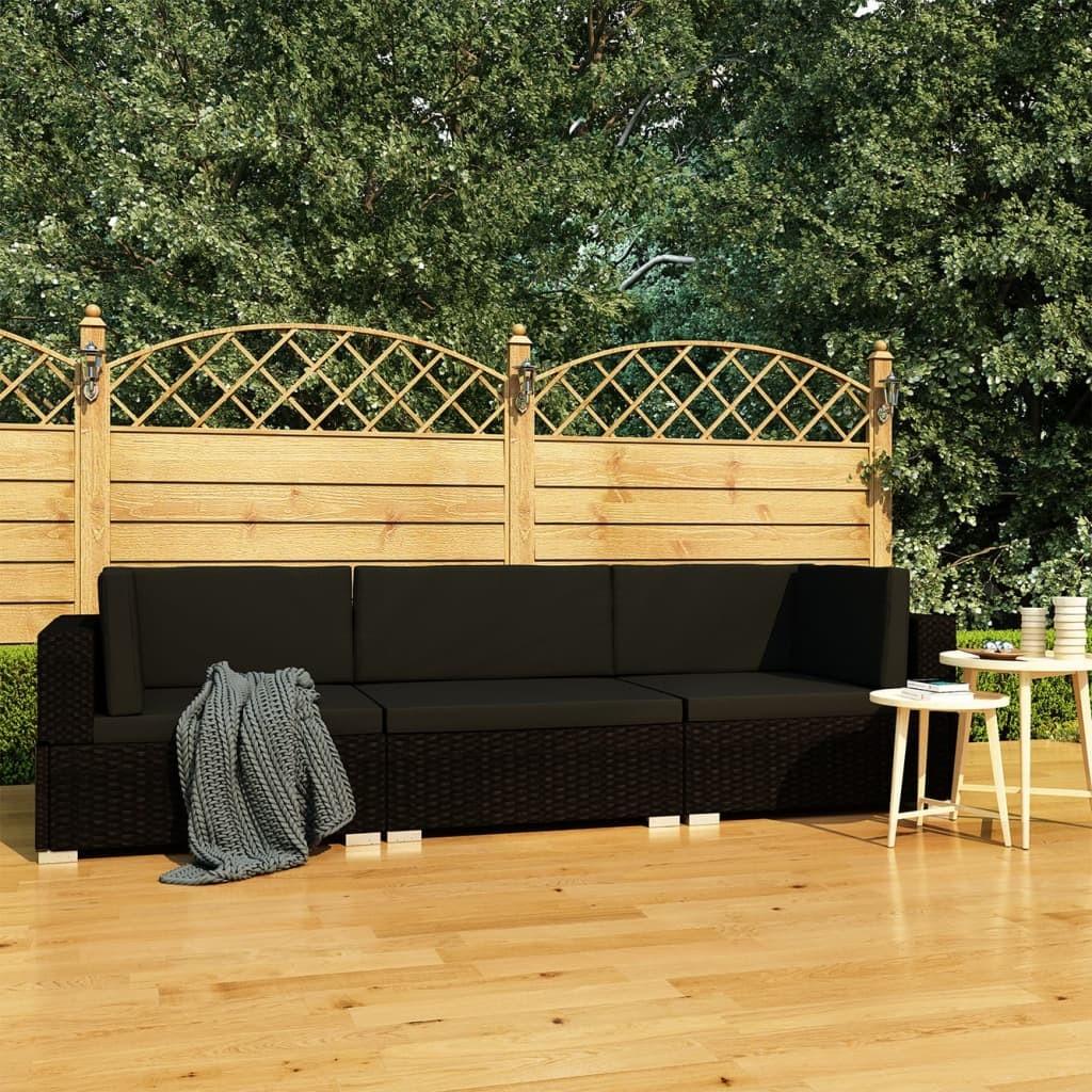 Havesofasæt 3 dele med hynder polyrattan sort