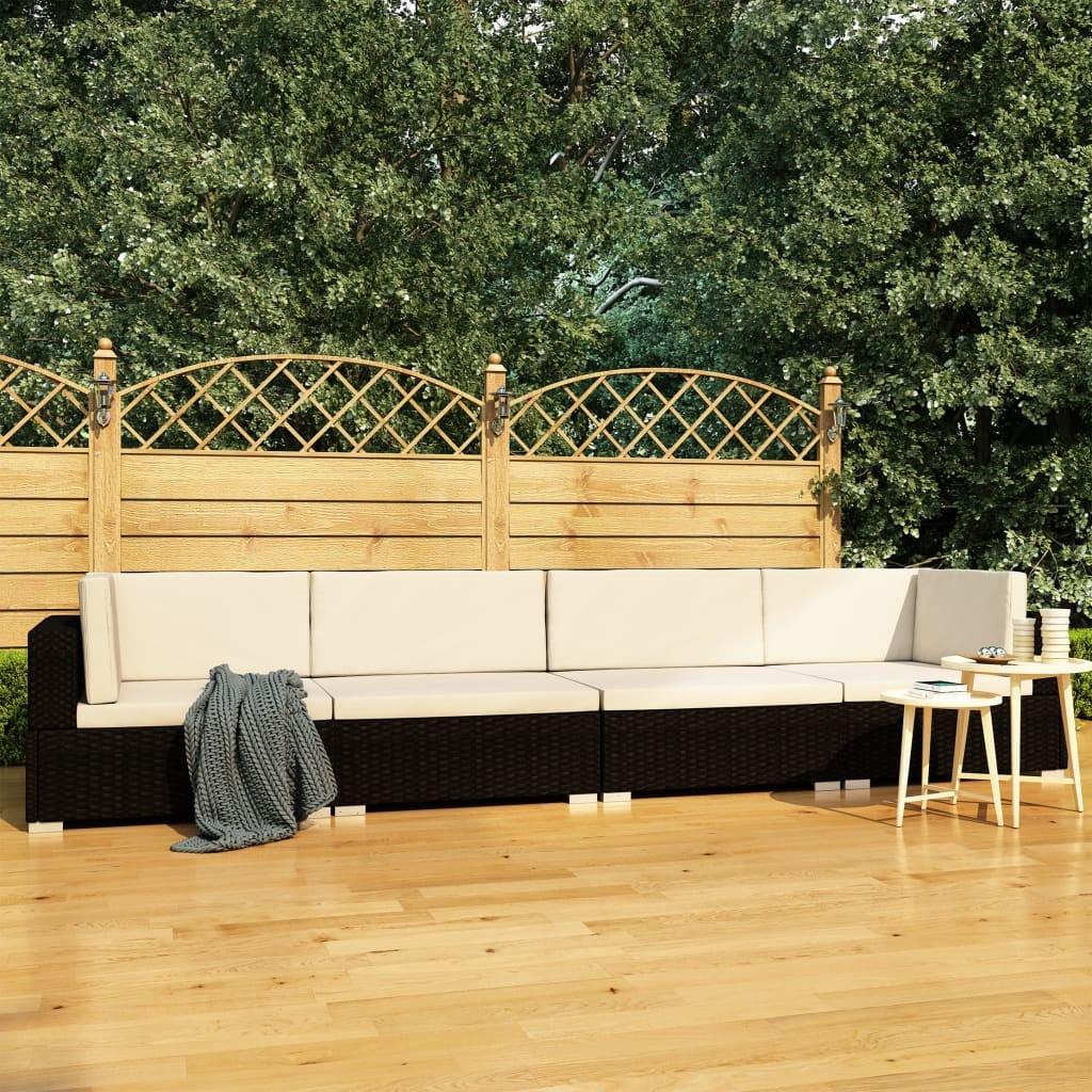 Havesofasæt med hynder 4 dele polyrattan sort