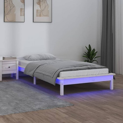 Sengeramme med LED-lys 90x200 cm massivt træ hvid