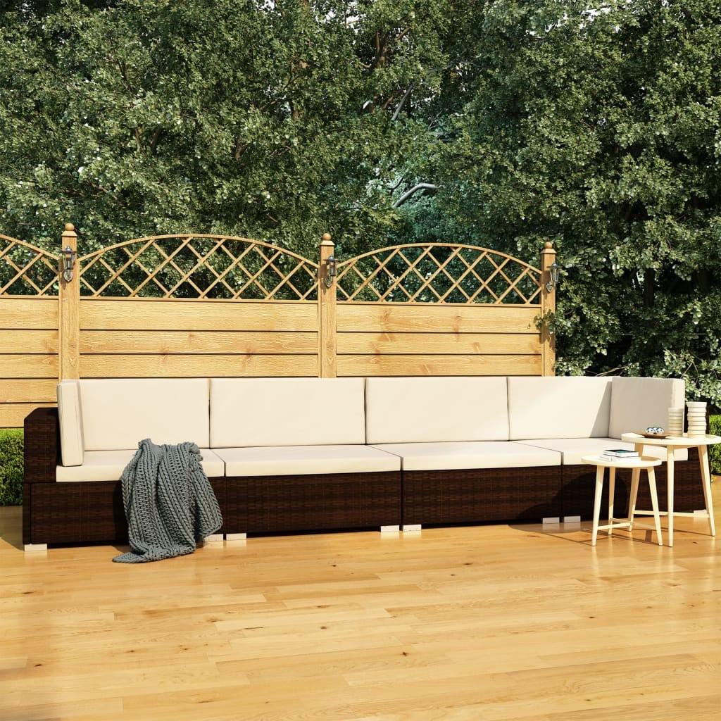 Haveloungesæt 4 dele med hynder polyrattan brun