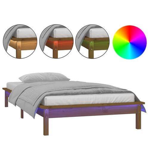 Sengeramme med LED-lys 100x200 cm massivt træ gyldenbrun