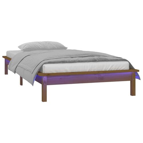 Sengeramme med LED-lys 100x200 cm massivt træ gyldenbrun