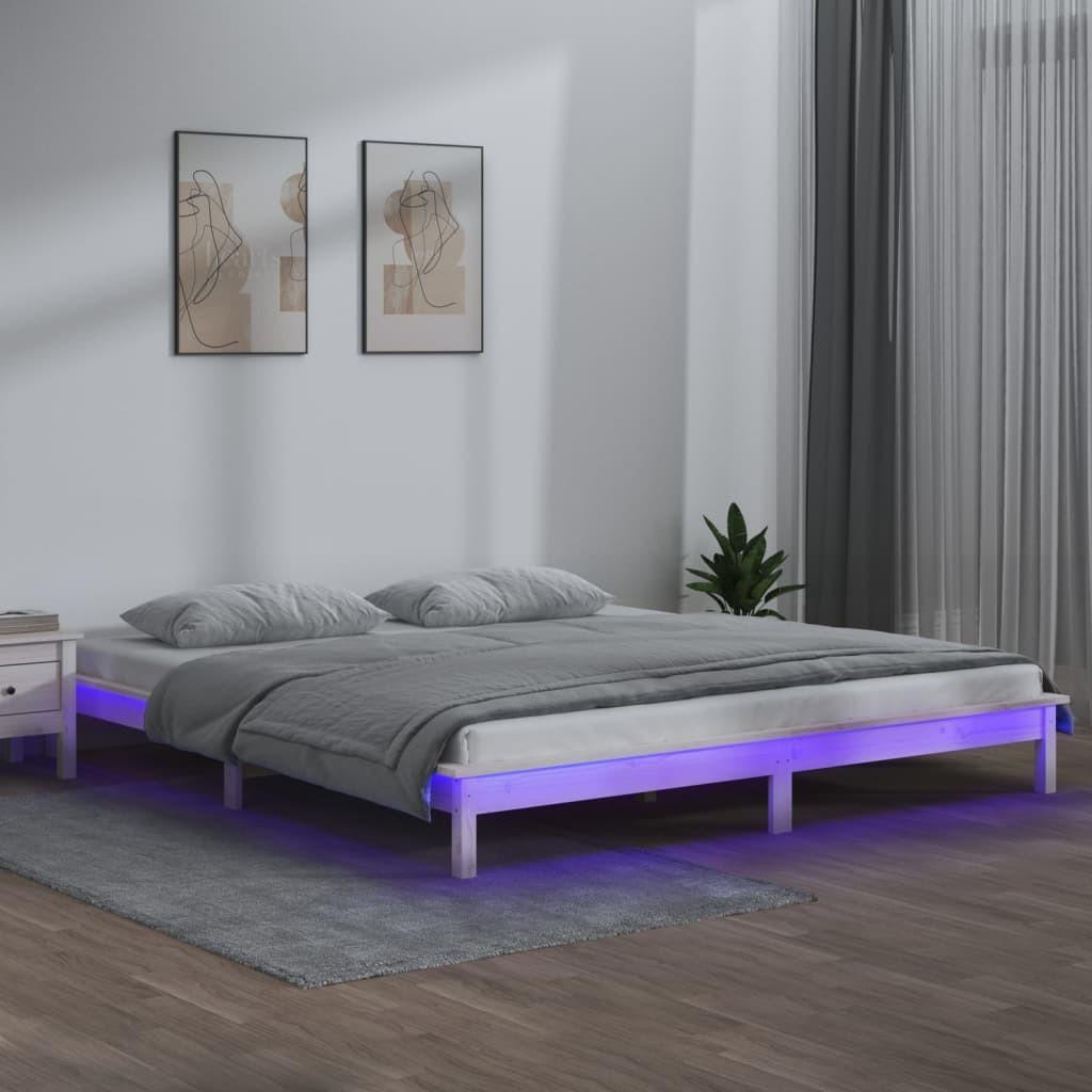 Sengeramme med LED-lys 135x190 cm dobbelt massivt træ hvid