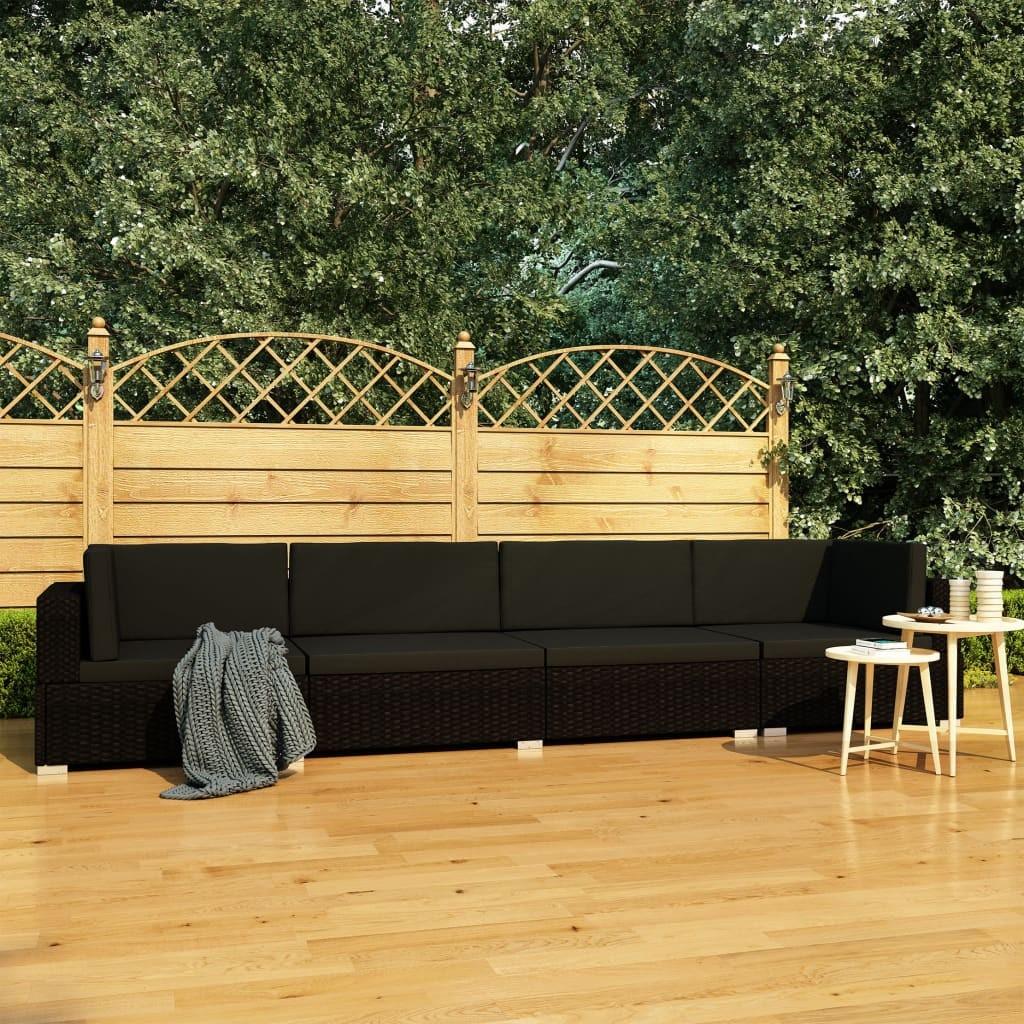 Havesofasæt med hynder 4 dele polyrattan sort