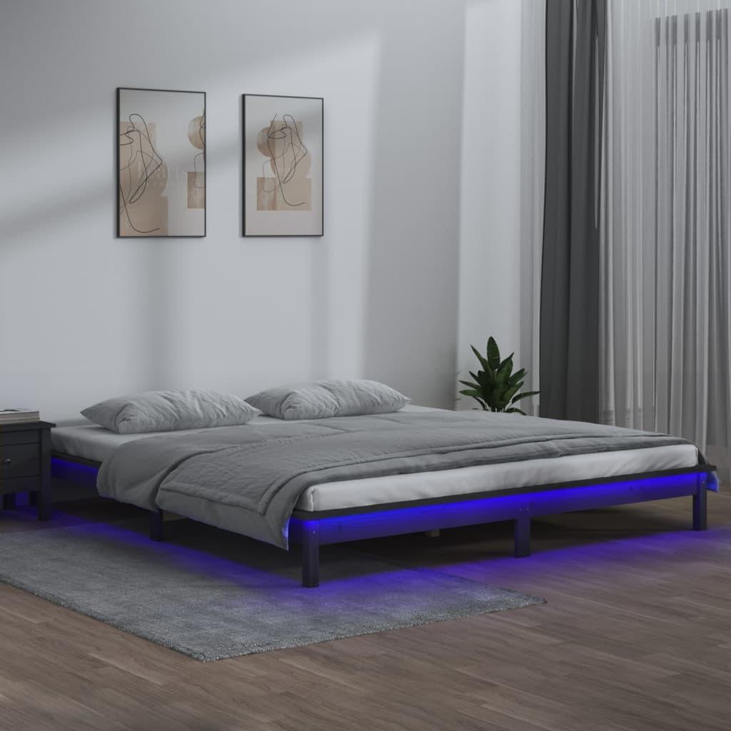 Sengeramme med LED-lys 135x190 cm dobbelt massivt træ grå