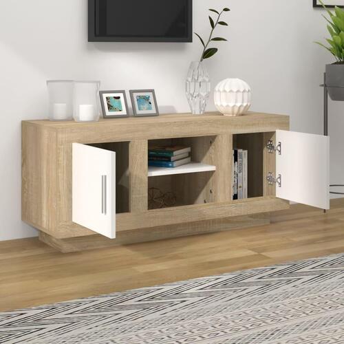 Tv-bord 102x35x45 cm konstrueret træ hvid og egetræsfarvet