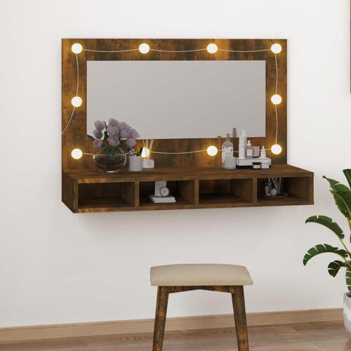 Spejlskab med LED-lys 90x31,5x62 cm røget egetræsfarve