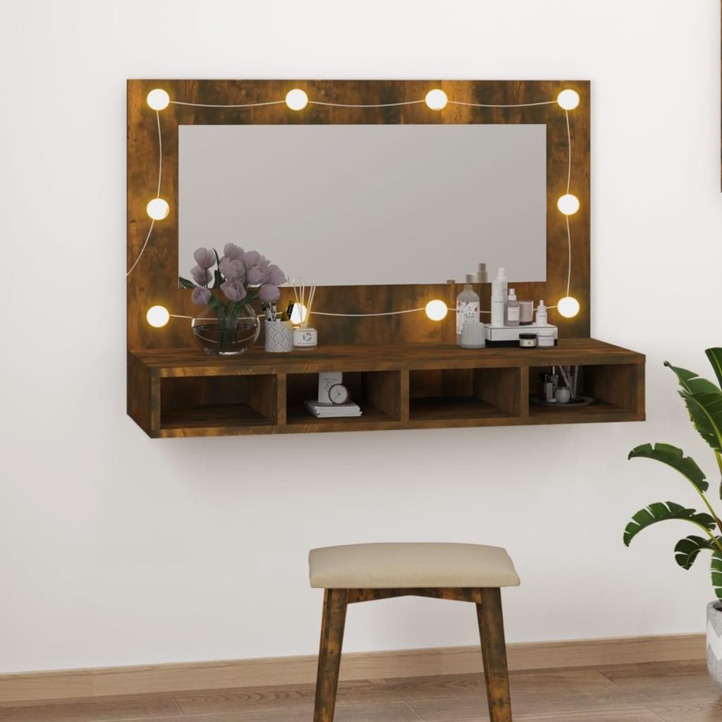 Spejlskab med LED-lys 90x31,5x62 cm røget egetræsfarve