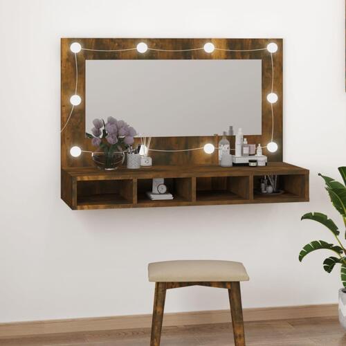 Spejlskab med LED-lys 90x31,5x62 cm røget egetræsfarve