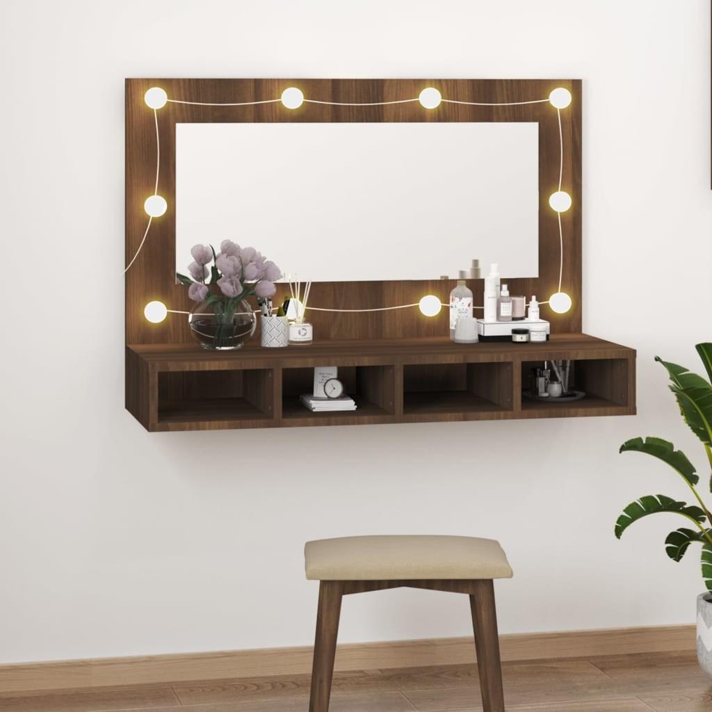 Spejlskab med LED-lys 90x31,5x62 cm brun egetræsfarve