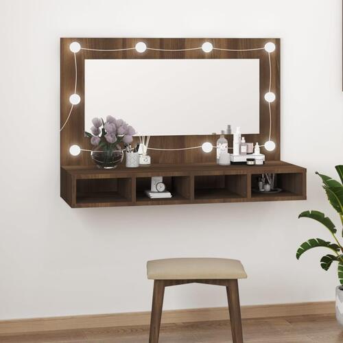 Spejlskab med LED-lys 90x31,5x62 cm brun egetræsfarve
