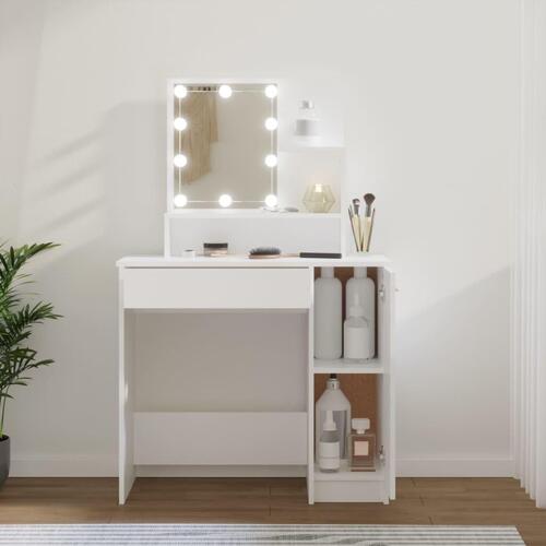 Makeupbord med LED-lys 86,5x35x136 cm hvid