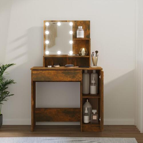 Makeupbord med LED-lys 86,5x35x136 cm røget egetræsfarve