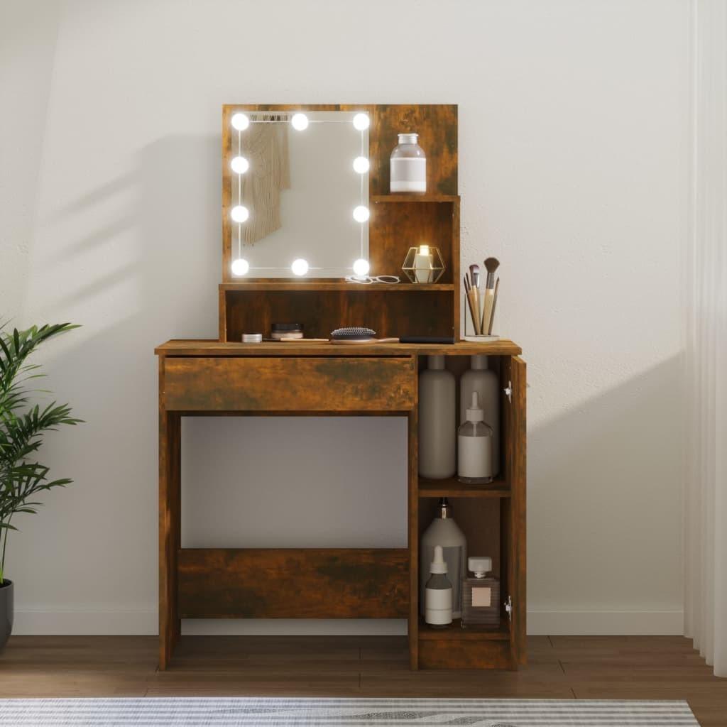 Makeupbord med LED-lys 86,5x35x136 cm røget egetræsfarve