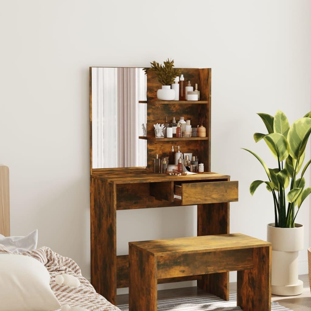 Makeupbord med spejl 74,5x40x141 cm røget egetræsfarve
