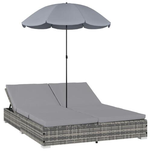 Udendørs solseng med parasol polyrattan grå