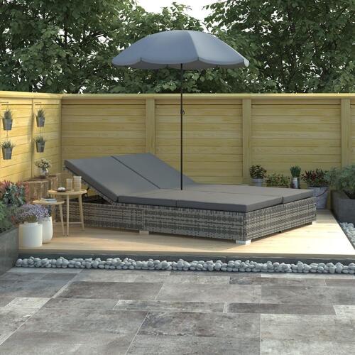 Udendørs solseng med parasol polyrattan grå