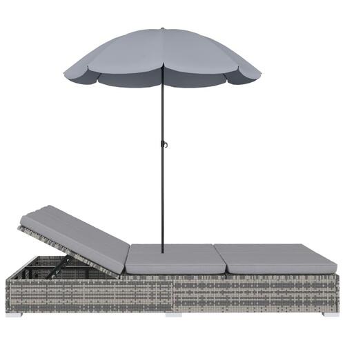 Udendørs solseng med parasol polyrattan grå