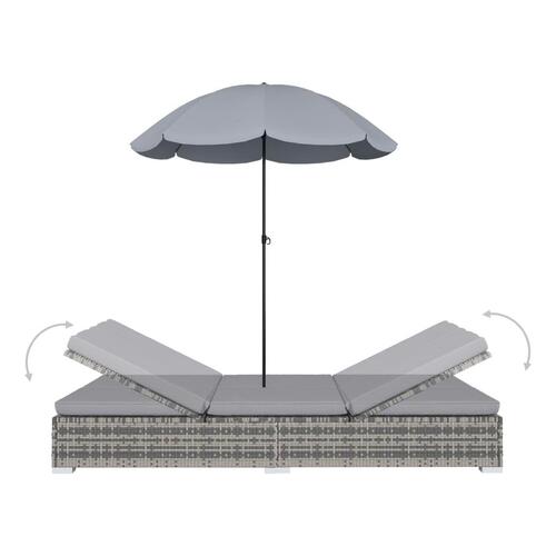 Udendørs solseng med parasol polyrattan grå