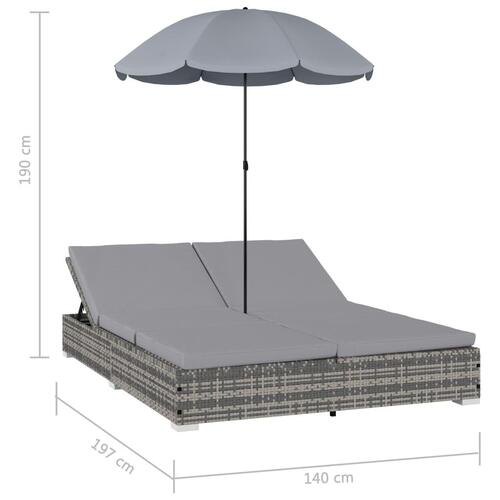 Udendørs solseng med parasol polyrattan grå
