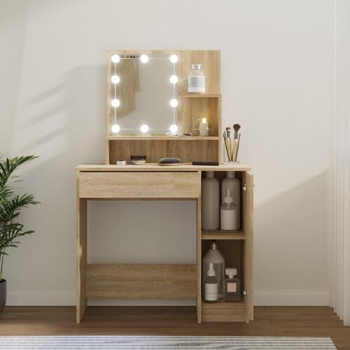 Makeupbord med LED-lys 86,5x35x136 cm sonoma-eg