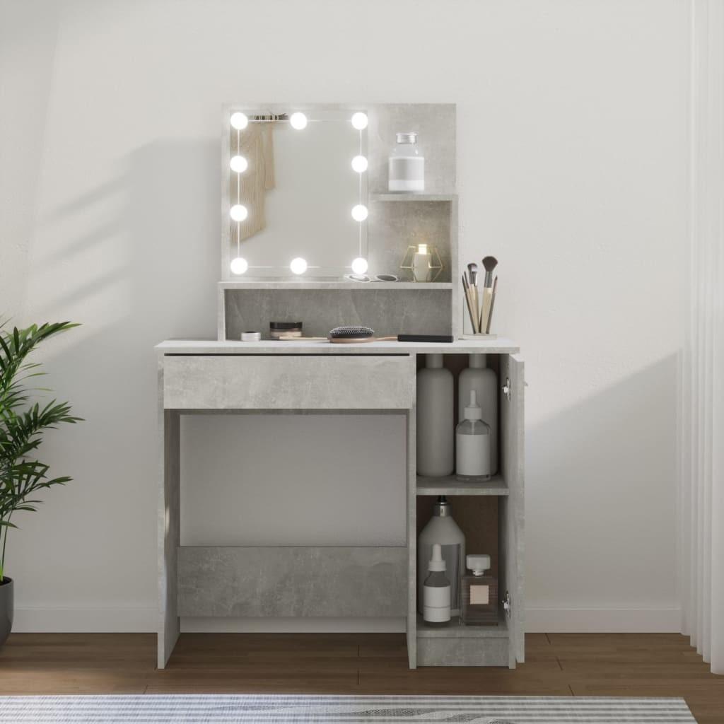 Makeupbord med LED-lys 86,5x35x136 cm betongrå
