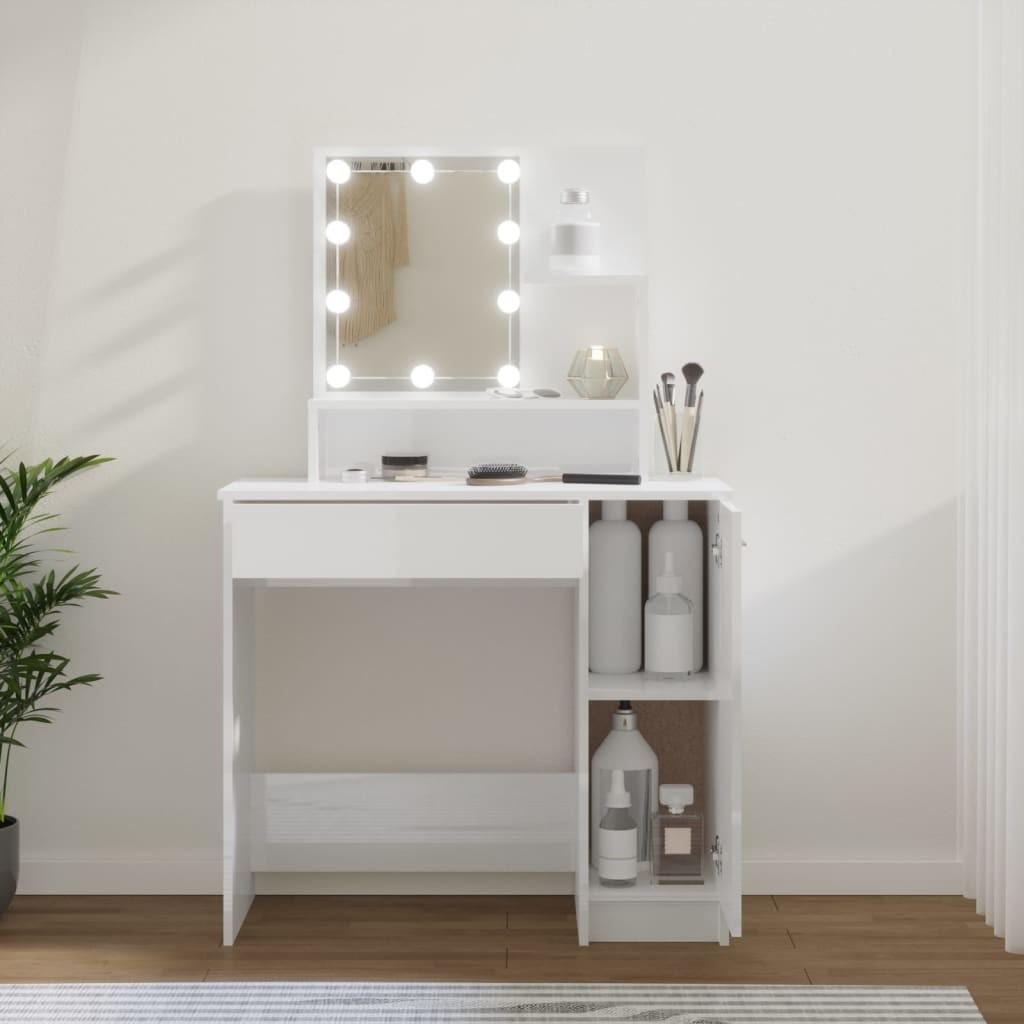 Makeupbord med LED-lys 86,5x35x136 cm hvid højglans