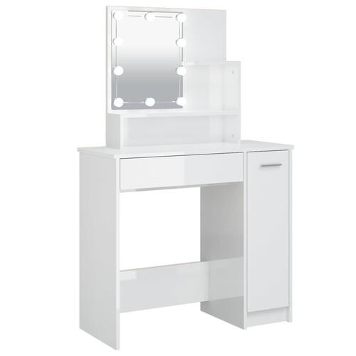 Makeupbord med LED-lys 86,5x35x136 cm hvid højglans