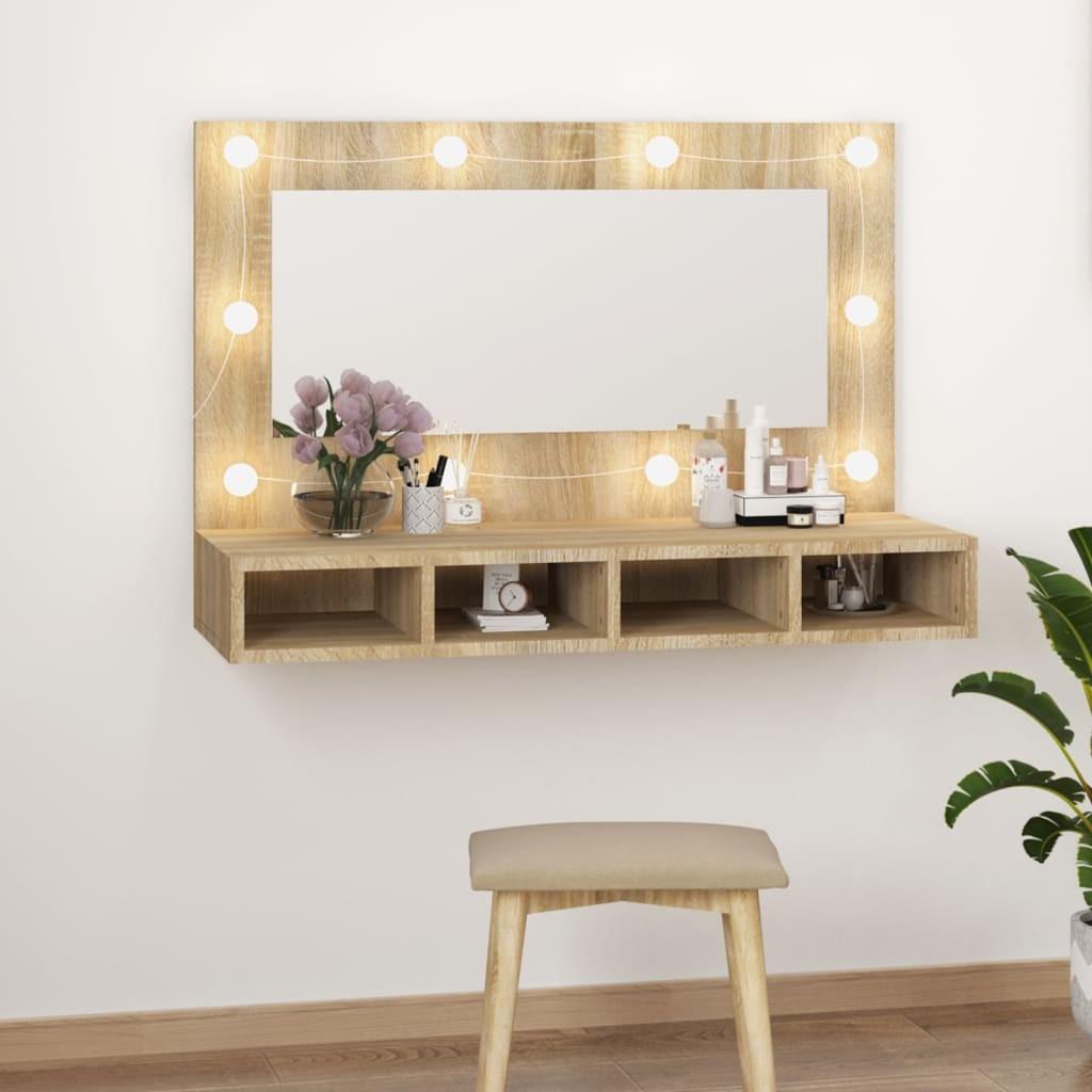 Spejlskab med LED-lys 90x31,5x62 cm sonoma-eg