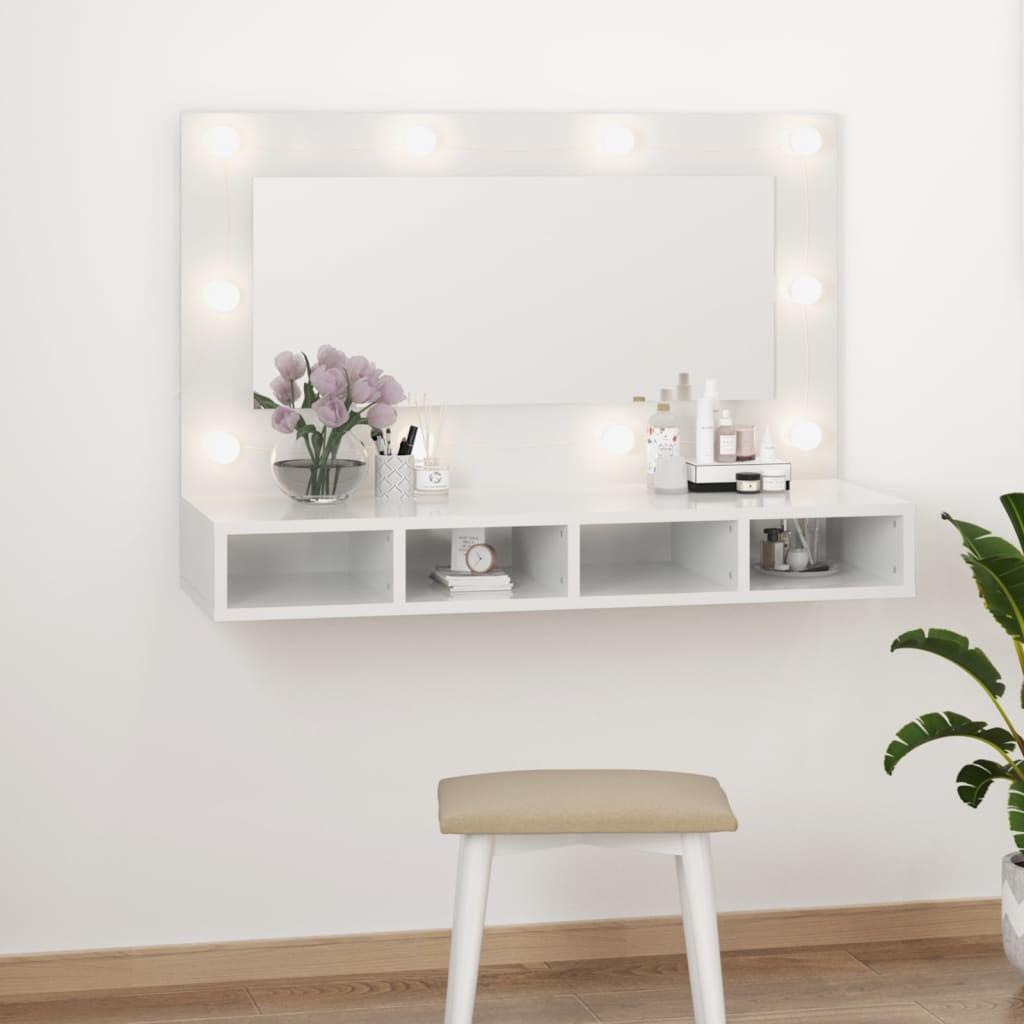 Spejlskab med LED-lys 90x31,5x62 cm hvid højglans