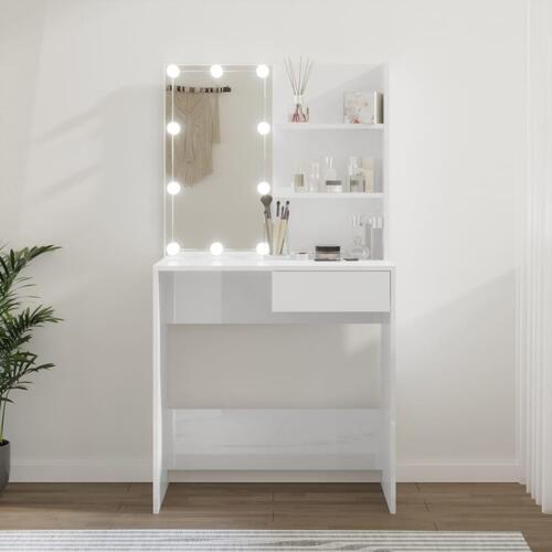Makeupbord med LED-lys 74,5x40x141 cm hvid højglans