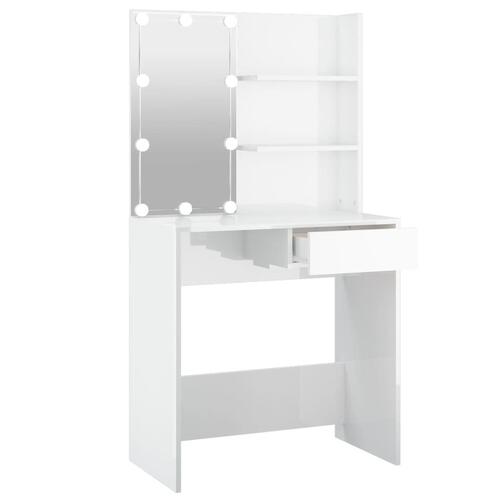 Makeupbord med LED-lys 74,5x40x141 cm hvid højglans